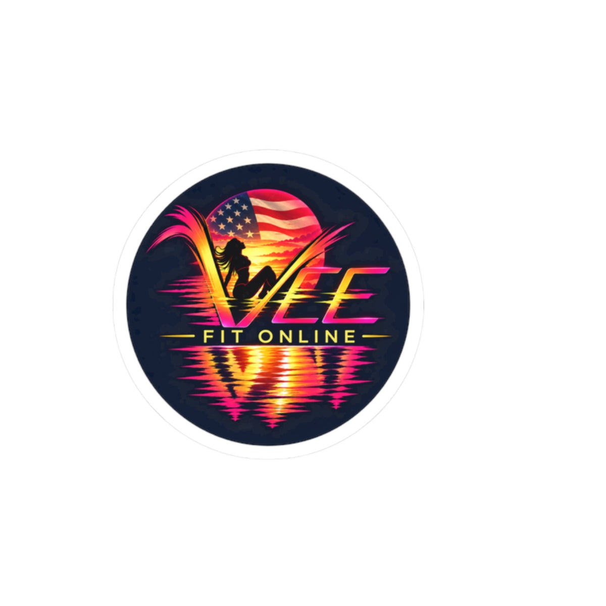 VEE Fit Online Retro Sunset Kiss-Cut Sticker — Fitness Logo Laptop Decal