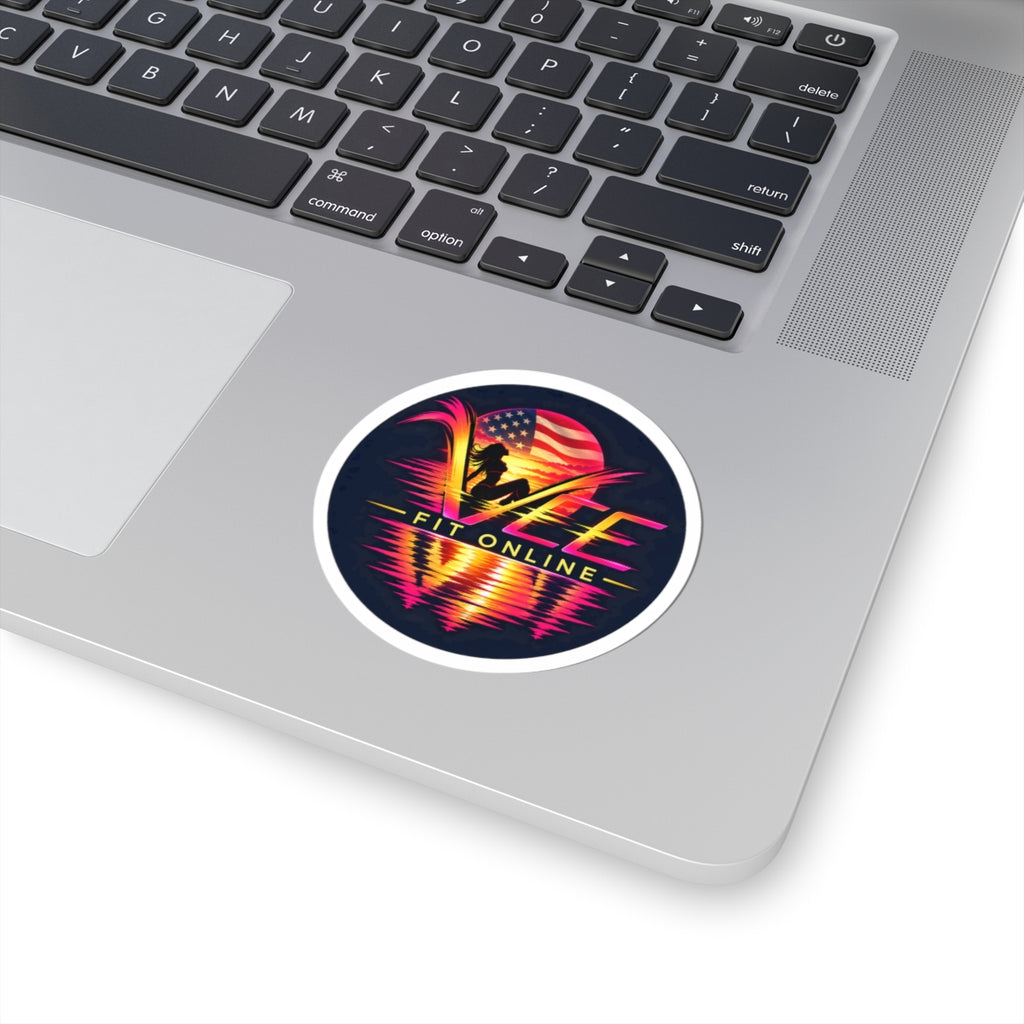 VEE Fit Online Retro Sunset Kiss-Cut Sticker — Fitness Logo Laptop Decal