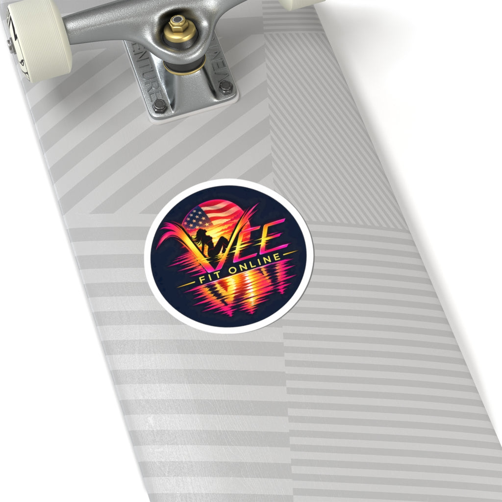 VEE Fit Online Retro Sunset Kiss-Cut Sticker — Fitness Logo Laptop Decal